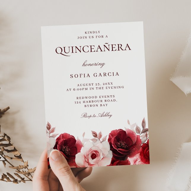 Burgundy Red Elegance Red Rose Quinceanera Invitation (Creator Uploaded)