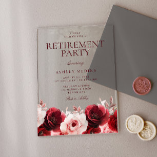 Burgundy Red Elegance: Red Rose Retirement Party Acrylic Invitations