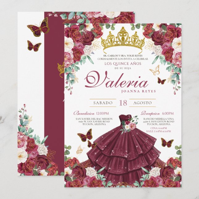 Burgundy Red Elegant Buttefly Princess Quinceañera Invitation (Front/Back)