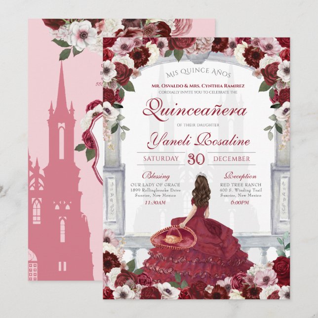 Burgundy Red Elegant Charro Princess Quinceanera Invitation (Front/Back)