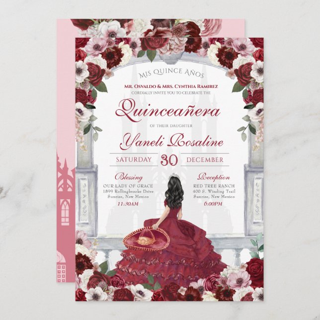 Burgundy Red Elegant Charro Princess Quinceanera Invitation (Front/Back)