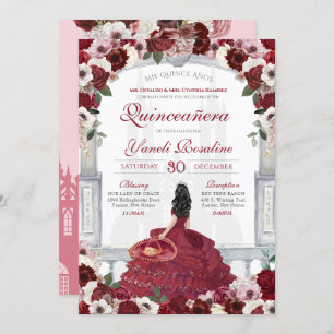 Burgundy Red Elegant Charro Princess Quinceanera Invitation