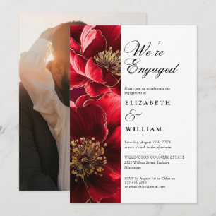 Burgundy Red Elegant Floral Engagement Party Photo Invitation