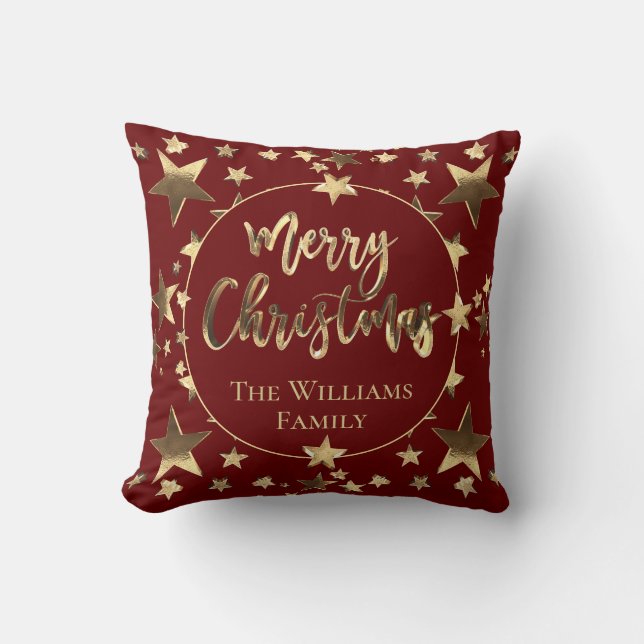 Burgundy Red Elegant Gold Script Merry Christmas Cushion (Front)