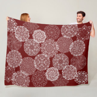 Burgundy Red Elegant Mandala Art Collage White Fleece Blanket