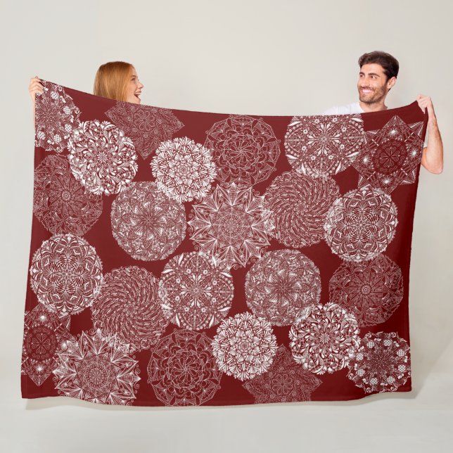 Burgundy Red Elegant Mandala Art Collage White Fleece Blanket (In Situ)