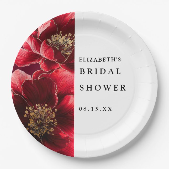Burgundy Red Elegant Modern Floral Bridal Shower Paper Plate (Front)