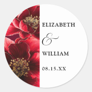 Burgundy Red Elegant Modern Floral Wedding Favour Classic Round Sticker
