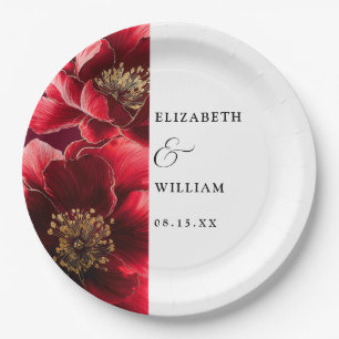 Burgundy Red Elegant Modern Floral Wedding Paper Plate