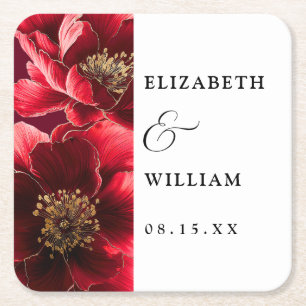 Burgundy Red Elegant Modern Floral Wedding Square Paper Coaster