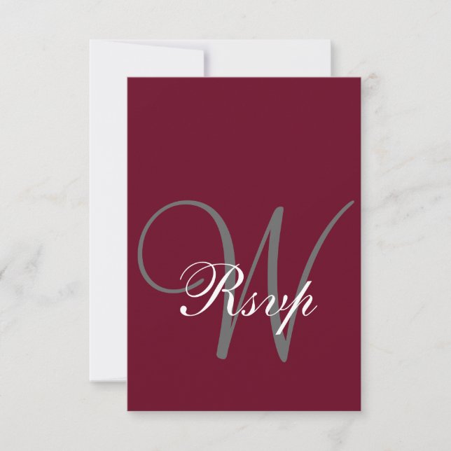 Burgundy Red Elegant MOnogram Formal RSVP Card (Front)