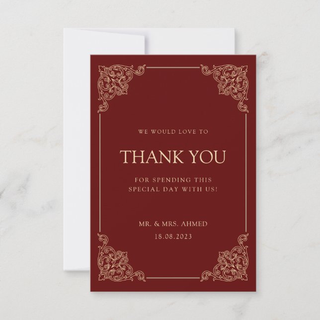 Burgundy Red Elegant Muslim Wedding Thank You Card (Front)