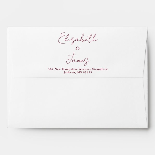 Burgundy Red Elegant Script Return Address Envelope (Back (Top Flap))