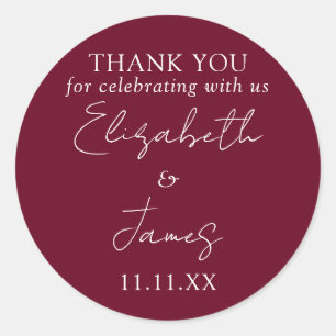 Burgundy Red Elegant Script Wedding Thank You Classic Round Sticker