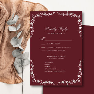 Burgundy Red Elegant Vintage Floral Wedding RSVP Card
