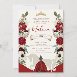 Burgundy Red Elegant Watercolor Charro Quinceanera Invitation