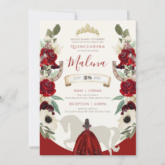 Burgundy Red Elegant Watercolor Charro Quinceanera Invitation
