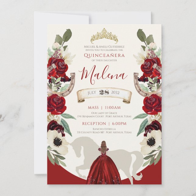 Burgundy Red Elegant Watercolor Charro Quinceañera Invitation (Front)