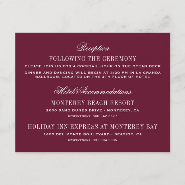 Burgundy Red Elegant Wedding Reception Enclosure Card (Front)