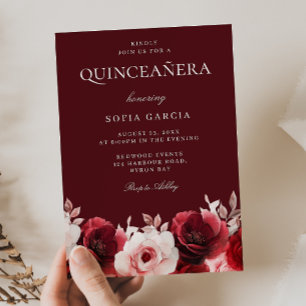 Burgundy Red Enchanted Red Rose Quinceanera Invitation