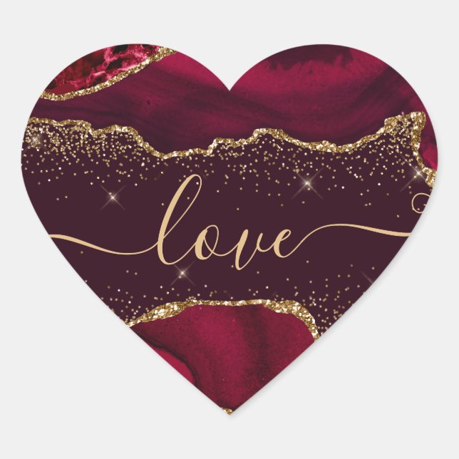 Burgundy Red & Faux Gold Glitter Agate Valentine's Heart Sticker (Front)