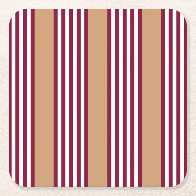 Burgundy red five stripes pattern square paper coaster (Front)