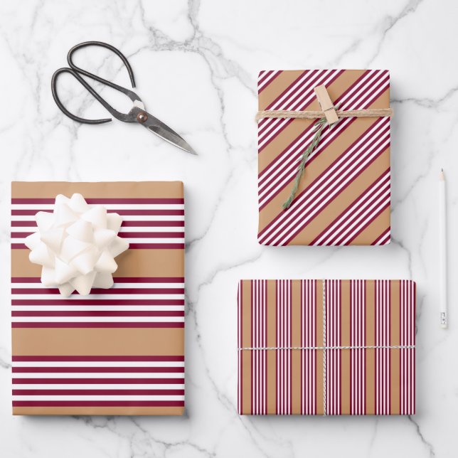 Burgundy red five stripes pattern wrapping paper sheet (Front)
