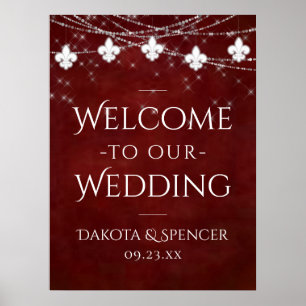 Burgundy Red Fleur de Lis Light Wedding Welcome Poster