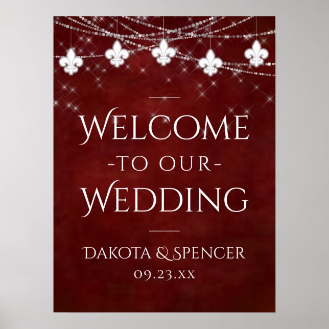 Burgundy Red Fleur de Lis Light | Wedding Welcome Poster (Front)