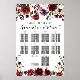 Burgundy Red Floral 10-Table Wedding Seating Chart