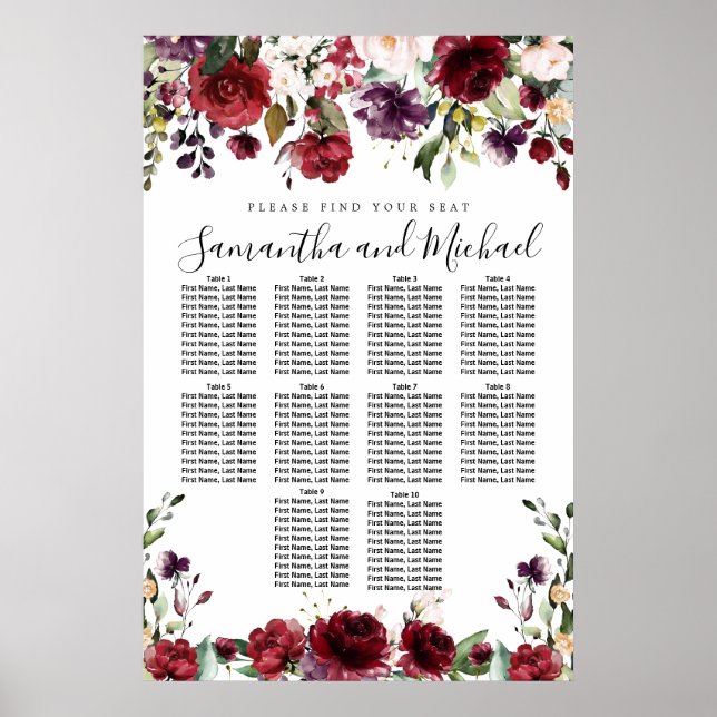 Burgundy Red Floral 10-Table Wedding Seating Chart (Front)