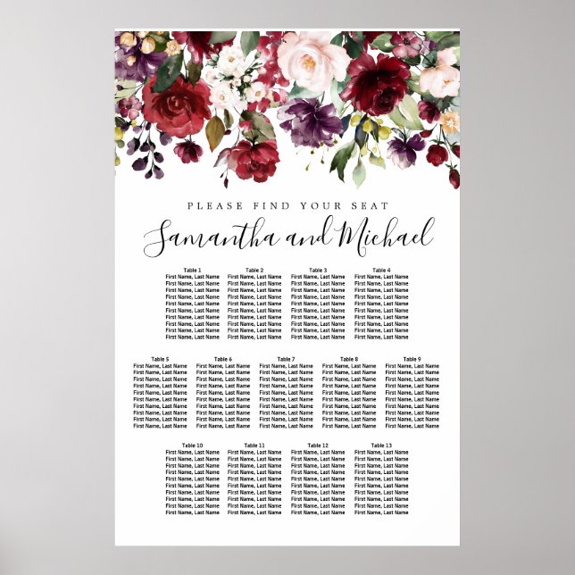 Burgundy Red Floral 13-Table Wedding Seating Char Poster (Front)