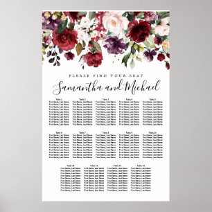 Burgundy Red Floral 14-Table Wedding Seating Char Poster