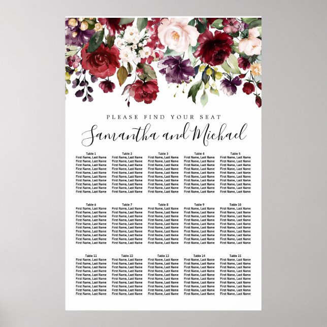 Burgundy Red Floral 15-Table Wedding Seating Chart (Front)