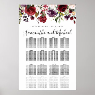 Burgundy Red Floral 16-Table Wedding Seating Chart