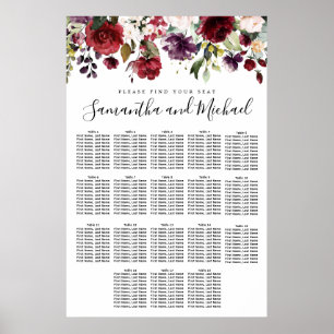 Burgundy Red Floral 18-Table Wedding Seating Chart