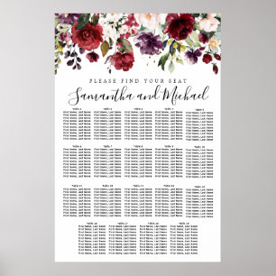 Burgundy Red Floral 19-Table Wedding Seating Chart
