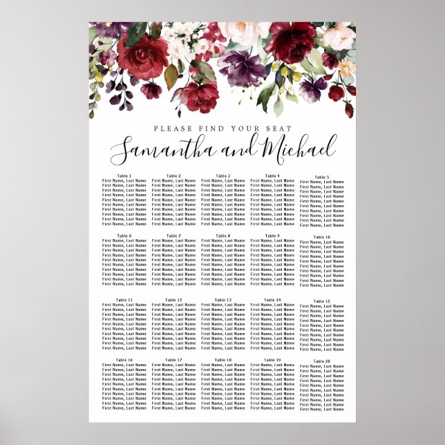 Burgundy Red Floral 20-Table Wedding Seating Chart (Front)