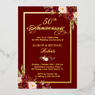 Burgundy Red Floral 50th Wedding Anniversary Gold
