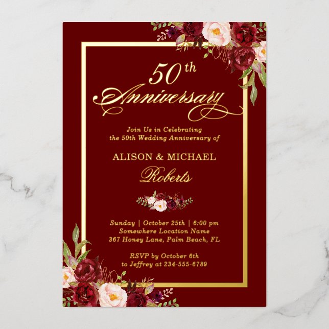 Burgundy Red Floral 50th Wedding Anniversary Gold (Front)