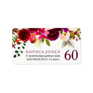 Burgundy Red Floral 60th Birthday Address Label