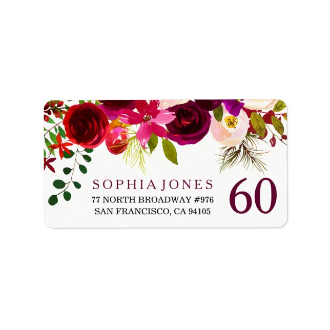 Burgundy Red Floral 60th Birthday Address Label (Front)