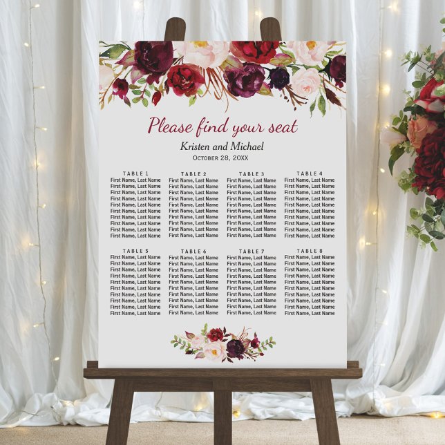 Burgundy Red Floral 8 Tables Wedding Seating Chart (Creator Uploaded)