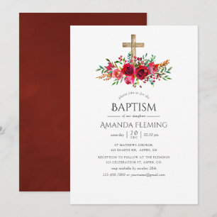 Burgundy Red Floral Baptism or Christening Invitation