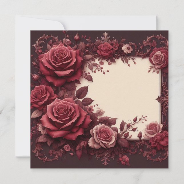 Burgundy Red Floral Blank Card Template Invitation (Front)