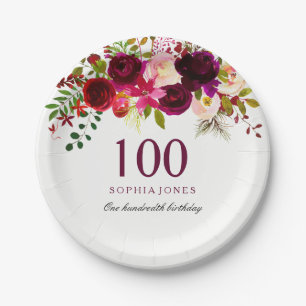 Burgundy Red Floral Boho 100th Birthday Party Paper Plate