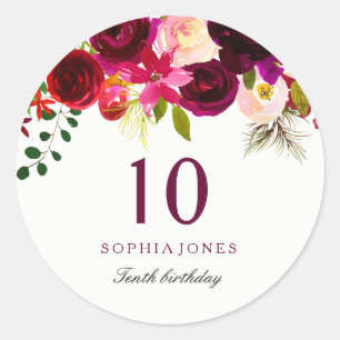 Burgundy Red Floral Boho 10th Birthday Party Classic Round Sticker
