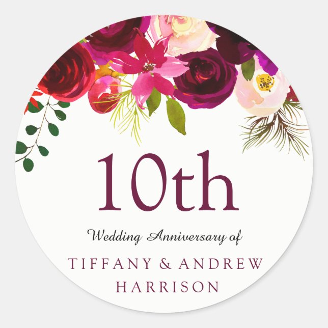 Burgundy Red Floral Boho 10th Wedding Anniversary Classic Round Sticker (Front)
