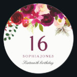 Burgundy Red Floral Boho 16th Birthday Party Classic Round Sticker<br><div class="desc">Burgundy Red Floral Boho 16th Birthday Party Sticker favour seal

See our store for matching invitation,  Envelope and napkins</div>