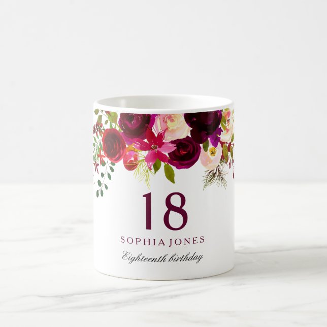 Burgundy Red Floral Boho 18th Birthday Gift Coffee Mug (Center)
